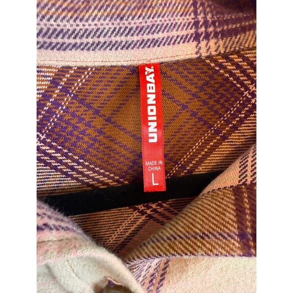 Unionbay Plaid Flannel Shirt Shacket Jacket Jr Large Button Up Long Sleeve Sand - Picture 3 of 8